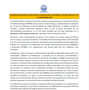 2do informe preliminar: efectos del disturbio tropical, noviembre 2023