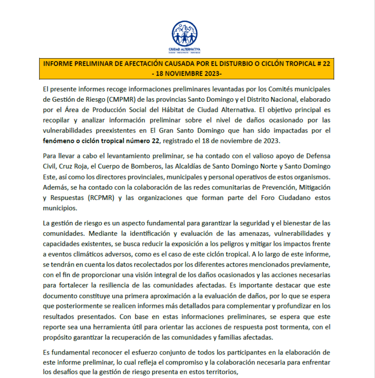 Portada: 2do informe preliminar: efectos del disturbio tropical, noviembre 2023