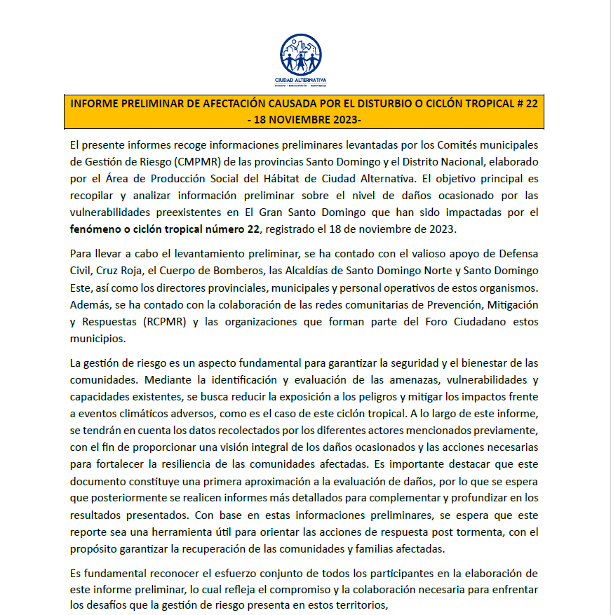 2do informe preliminar: efectos del disturbio tropical, noviembre 2023